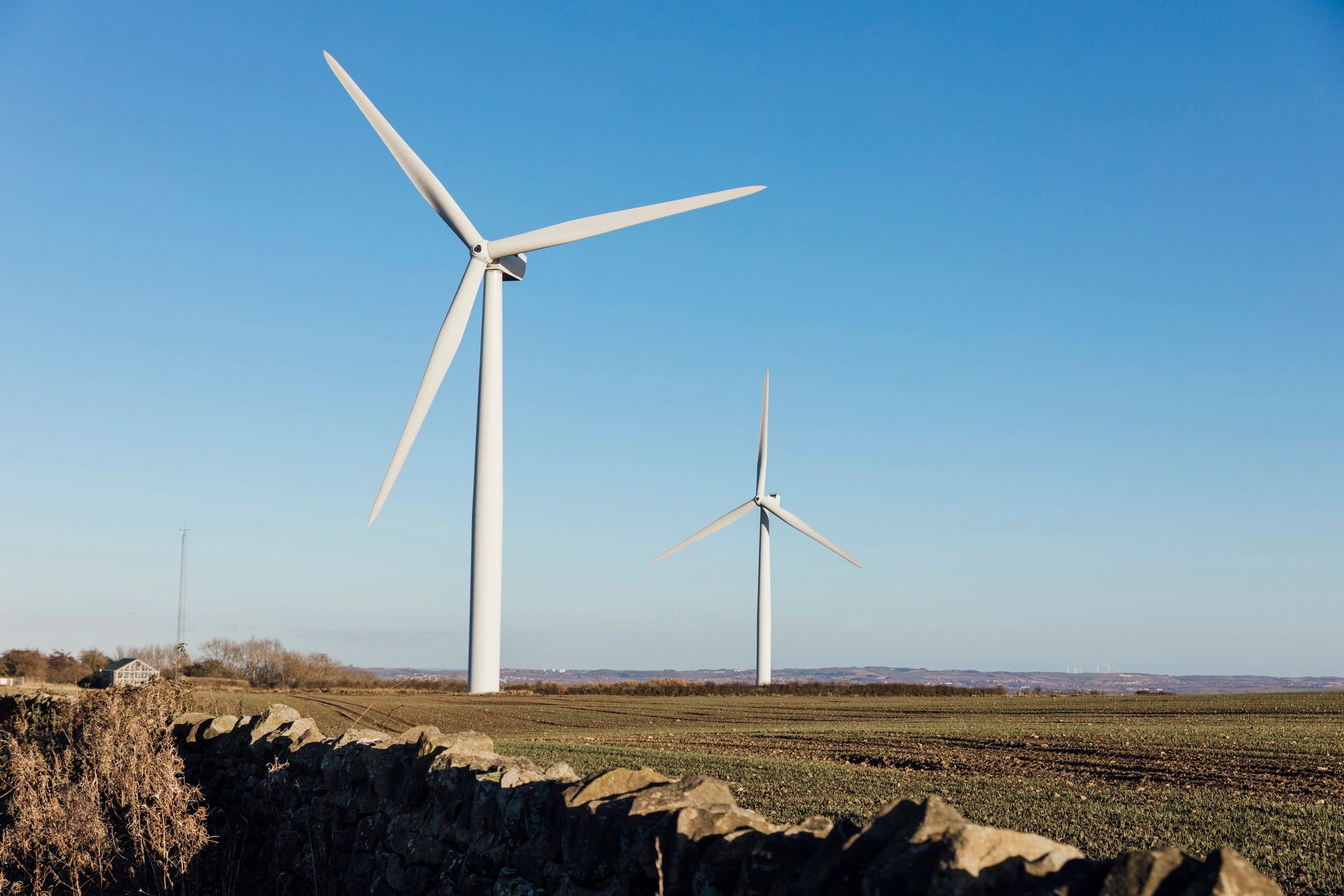 Wind turbines generating power across an agricultural landscape