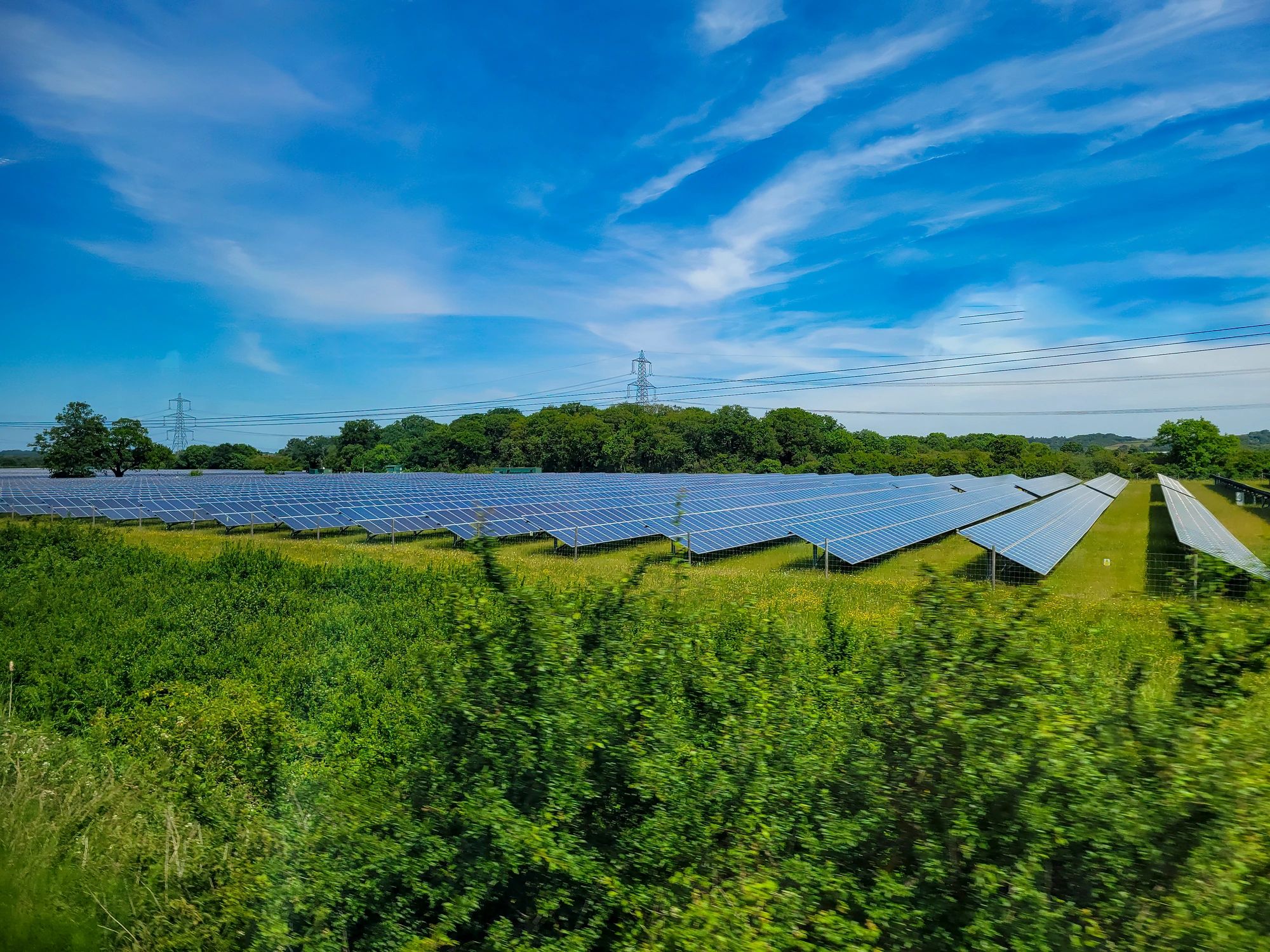 Rows of solar panels generating clean electricity in a rural field